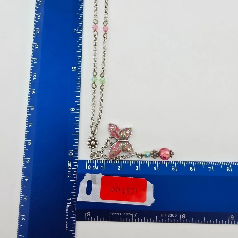 BRIGHTON Flutter Y Necklace Butterfly Pink Green Crystal Enamel Silver Plate 19" - Picture 12 of 12